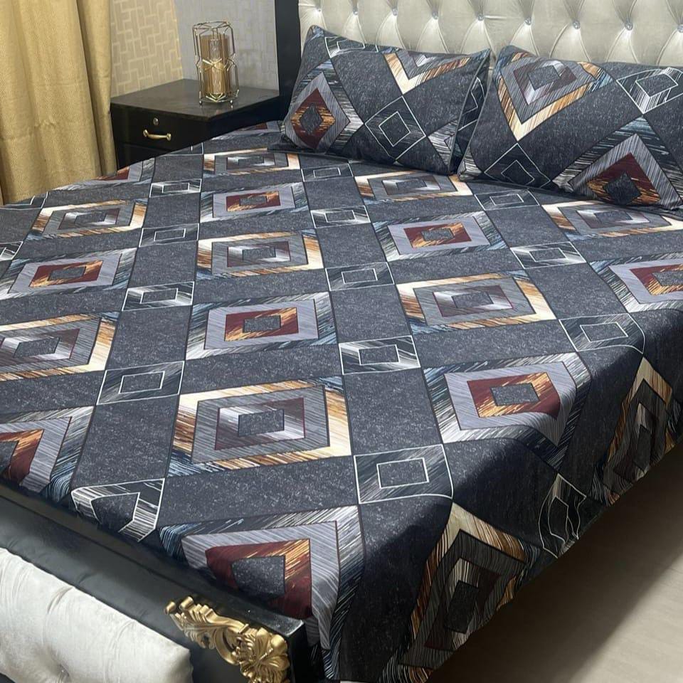 3 Pcs Crystal Cotton Printed Double Bed Sheet