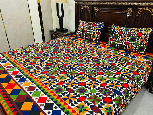 3 Pcs Cotton Printed Double Bedsheet