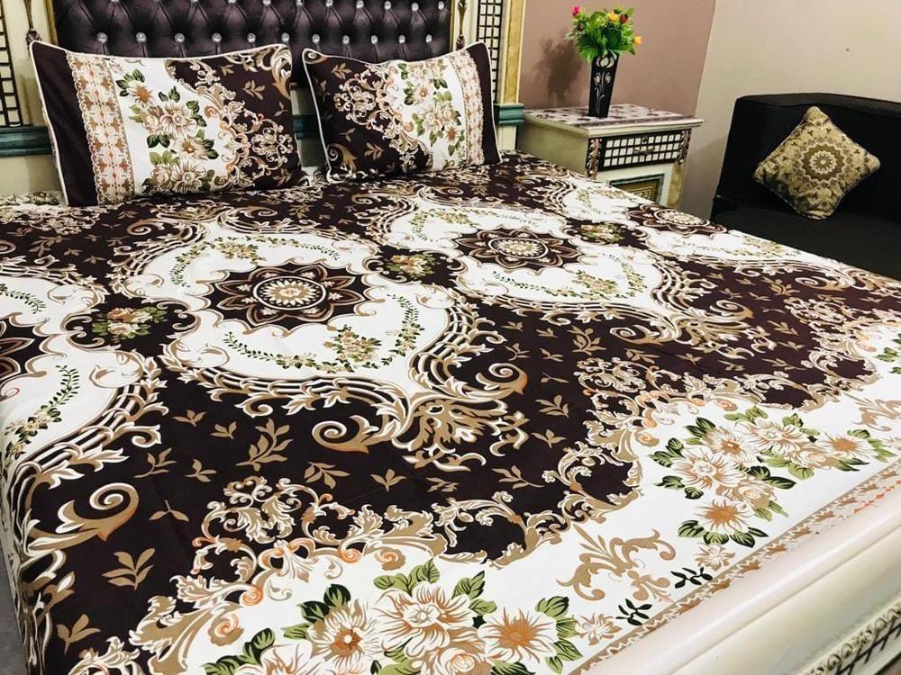 3 Pcs Cotton Printed Double Bedsheet