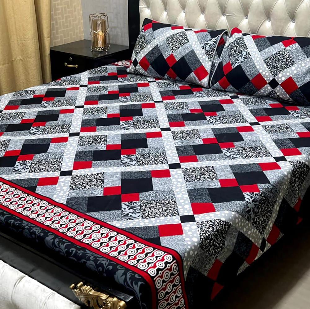 3 Pcs Crystal Cotton Printed Double Bedsheet