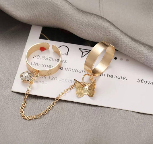 2 Pcs Alloy Gold Plated Trendy Butterfly Design Rings Set