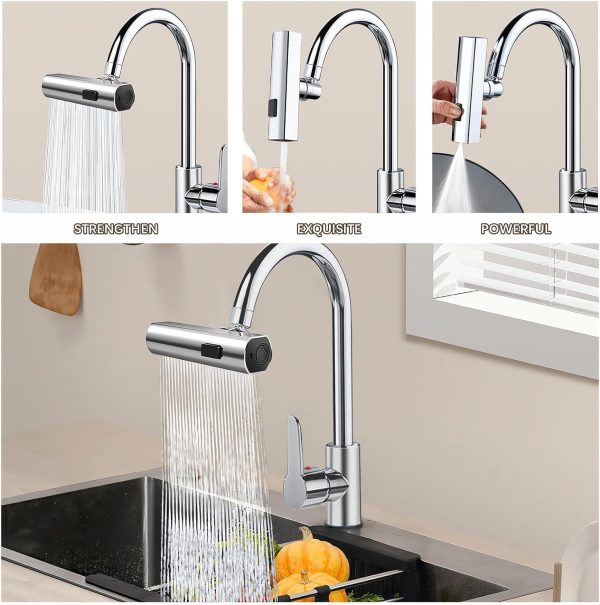 Multifunctional Kitchen Sink Waterfall Faucet Pressurized Bubbler Splash-proof 4 Modes/hcd